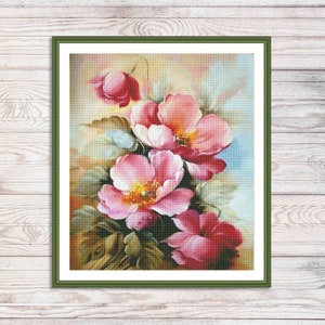 Pink Frowers #2 geteld kruissteekpatroon Tak van wilde roze bloemen Vintage digitaal bloemenpatroon roze rozen borduurpatroon pdf