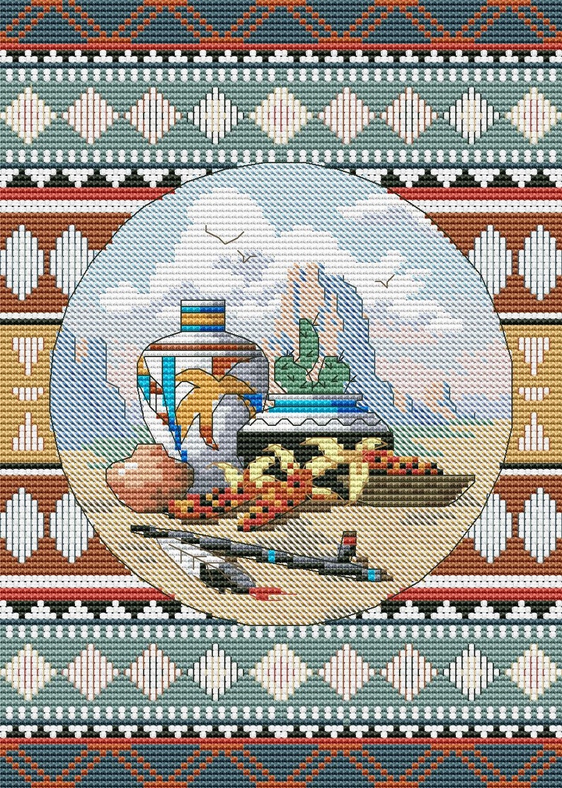 Counted Cross Stitch Pattern Southwest Blend Landscape Pattern Hand Embroidery Needlepoint Grand Canyon Desert Cactus Ceramic tableware image 3