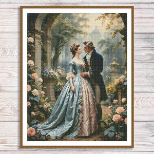 May include: A framed print of a romantic scene. A couple in period clothing stands in a garden with flowers and an archway. The woman wears a blue gown with a pink underskirt, and the man wears a dark blue coat. The background features a building and trees.