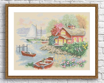 Peaceful lake house Cross Stitch Pattern Digital Pattern Modern Decor Landscape Pattern Hand Embroidery Needlepoint Counted cross stitch