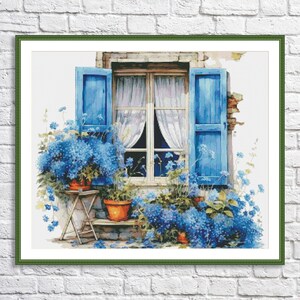 May include: A painting of a window with blue shutters and white curtains. There are blue flowers in pots on either side of the window.