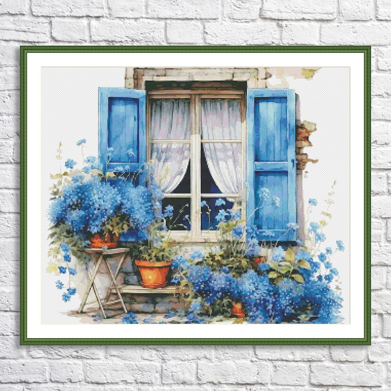 May include: A painting of a window with blue shutters and white curtains. There are blue flowers in pots on either side of the window.