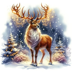May include: A majestic brown and white deer with large antlers adorned with glowing lights stands in a snowy forest setting. The deer is looking to the right, and the background features snow-covered trees and a soft, blue sky.