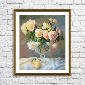 Crème pioenrozen geteld kruissteekpatroon digitale pdf moderne bloemen wilde bloemen patroon boeket borduurwerk naaldpunt boeket pioenrozen