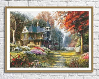 Victorian Cottage Counted Cross Stitch Pattern Summer Landscape Pattern Hand Embroidery Needlepoint Chart Cottage Digital Pattern