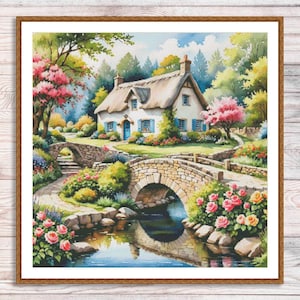 Wzór haftu krzyżykowego Dom wiejski Kwiaty ogrodowe Krajobraz letni Vintage Cottage Haft ręczny Haft krzyżykowy Wzór cyfrowy