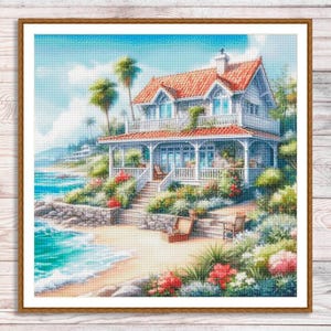 Beach Houses Counted Cross Stitch Pattern Bungalow Palms Seashore Waves Summer Beach Landscape Pattern Hand Embroidery Needlepoint chart