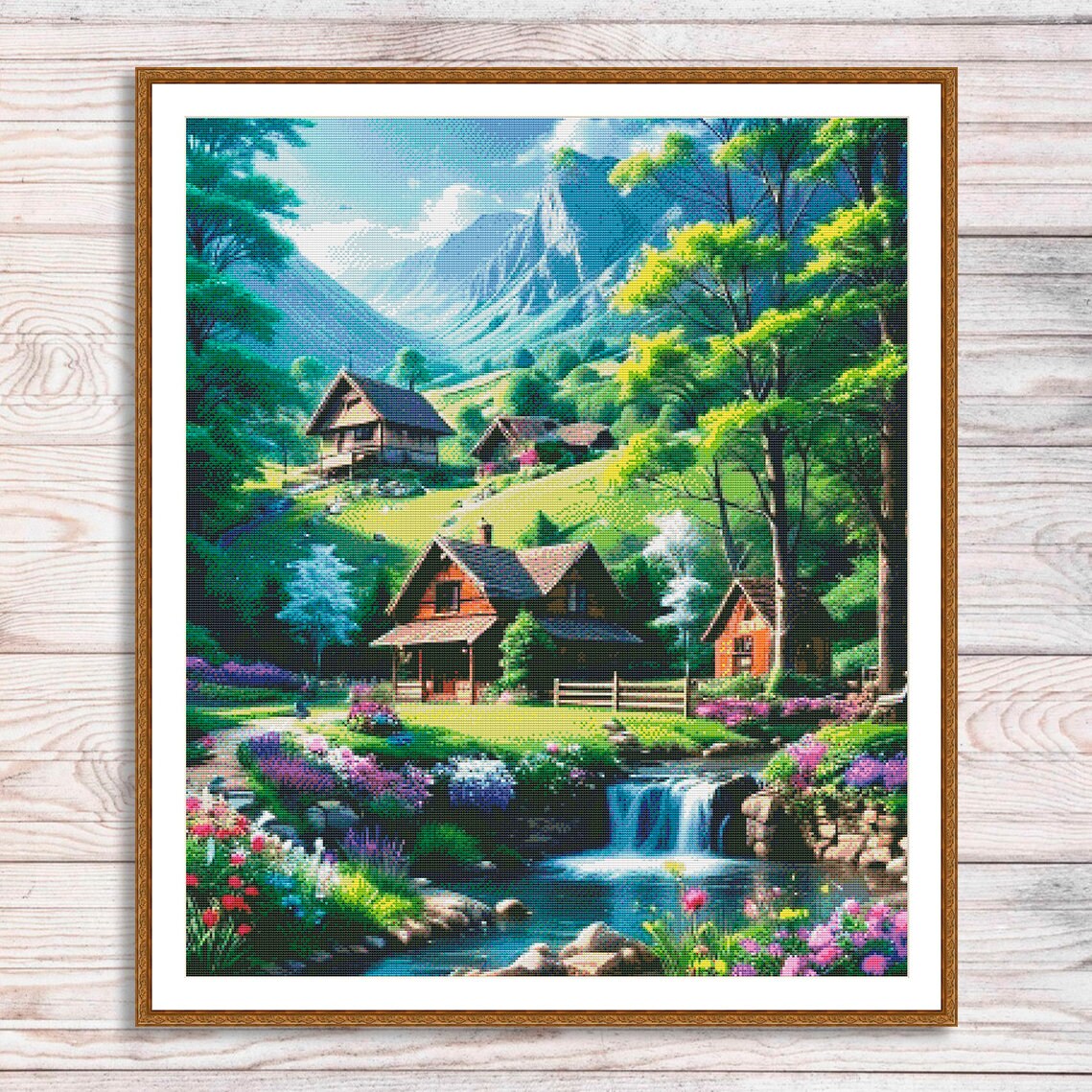 山村クロスステッチパターン山デジタルパターン狩猟小屋風景パターン手