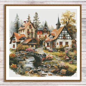 Old Village Cottage Counted Cross Stitch Pattern Summer Landscape Pattern Hand Embroidery Needlepoint Chart Cottage Digital Pattern