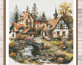 Old Village Cottage Counted Cross Stitch Pattern Summer Landscape Pattern Hand Embroidery Needlepoint Chart Cottage Digital Pattern