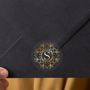 Étiquettes monogrammes pour enveloppes, autocollants monogrammes en feuille d'or avec des designs élégants, autocollants personnalisés, autocollants transparents et blancs.