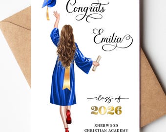 Personalized Graduation Card 2026: Class of 2026 gift, Girl throwing Grad Cap. Includes Envelope