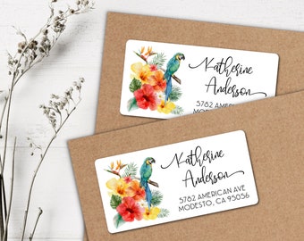 Tropical flowers address labels, Hibiscus flowers return address labels, Macaw and tropical flowers Mailing labels, blue macaw mailing label