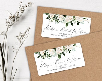 Wedding address labels • White roses and greenery return address labels • Greenery return address labels • Romantic address labels •