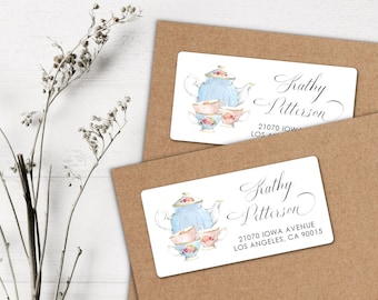 Tea party address labels, vintage teacups, floral teapot mailing labels, return address labels, vintage floral teapot, return address labels