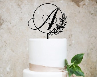 Modern cake topper with botanical design and script initial • Wedding cake topper with botanic frame • Engagement cake topper for initial •