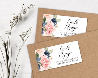 Floral address labels • Blush and navy mailing labels • Navy and blush return address labels • Watercolor flowers return address labels •