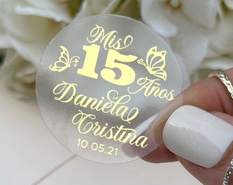 Mis quince años stickers with butterflies, Quinceñera stickers for invitations, Mis xv años, Thank you stickers for 15 años butterfly.