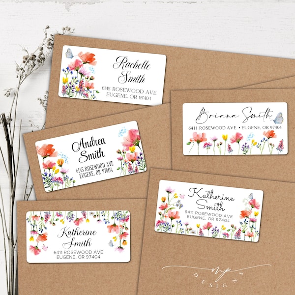 Wild flowers address labels, floral address labels, puppies address labels, floral stickers, butterfly stickers, watercolor floral labels.