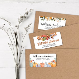 Autumn address labels, fall return address labels, pumpkin address labels, fall floral mailing stickers, orange floral address labels.