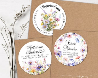 May include: Three round floral address labels with white backgrounds and colorful watercolor flowers. The labels feature the names Katherine Smith, Katherine Anderson, and Briana Richardson, along with their addresses.