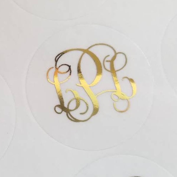 Gold foil monogram sticker, Gold Foil monogram seal, Personalized wedding Monogram Stickers, Clear and white Stickers, real foil