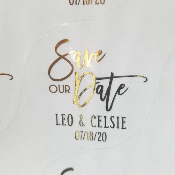 Save the date gold foil stickers for envelopes or favors, save our date labels, save the date envelope stickers with real foiling