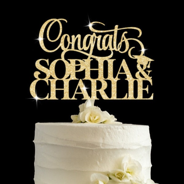 Graduation cake topper for 2 names, congrats grad cake topper for two graduates.