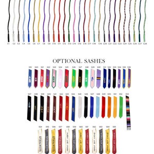 May include: A selection of optional cords and sashes, each with a unique color and design. The cords come in various colors, including black, blue, gold, and red. The sashes feature Greek letters and phrases like "Summa Cum Laude."