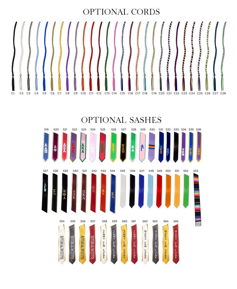 May include: A selection of optional cords and sashes, each with a unique color and design. The cords come in various colors, including black, blue, gold, and red. The sashes feature Greek letters and phrases like "Summa Cum Laude."