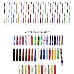 May include: A selection of cords and sashes in various colors and designs. The image displays cords with tassels and sashes with Greek letters and text. The text includes "OPTIONAL CORDS" and "OPTIONAL SASHES".