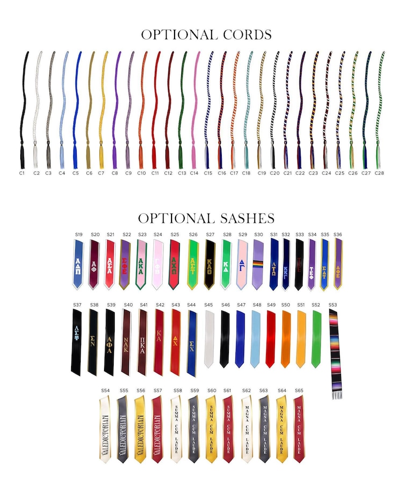 May include: A selection of cords and sashes in various colors and designs. The image displays cords with tassels and sashes with Greek letters and text. The text includes "OPTIONAL CORDS" and "OPTIONAL SASHES".