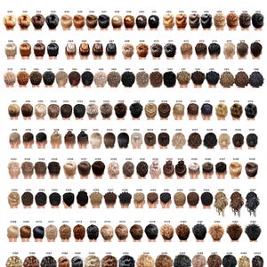 May include: A grid of 217 small illustrations of various hairstyles, each with a unique number. The styles range from short bobs to long, flowing locks, in a variety of colors including blonde, brown, and black.
