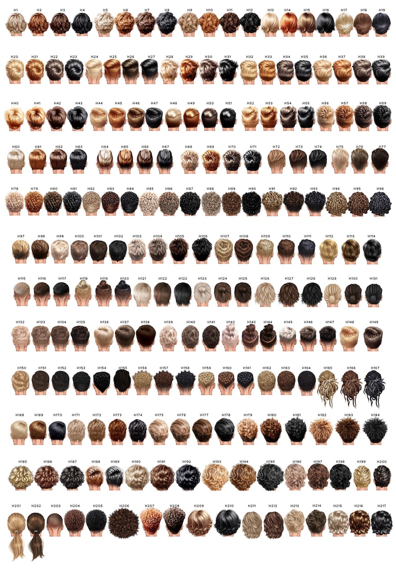 May include: A grid of 217 small illustrations of various hairstyles, each with a unique number. The styles range from short bobs to long, flowing locks, in a variety of colors including blonde, brown, and black.