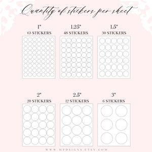 May include: A chart showing the quantity of stickers per sheet for different sizes. The sizes are 1 inch, 1.25 inches, 1.5 inches, 2 inches, 2.5 inches, and 3 inches. The number of stickers per sheet is listed below each size. The chart is on a pink background.