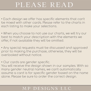 May include: A beige card with the text "PLEASE READ" at the top. The card contains bullet points explaining design specifics, requests, and gender-specific card designs. The bottom of the card reads "MP DESIGNS LLC".