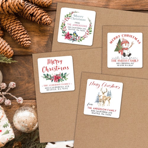 Étiquettes d'adresse de Noël • Stickers des fêtes, motif poinsettia