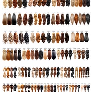 May include: A collection of various hair styles and colors, including braids, ponytails, and loose waves. The image displays a wide range of shades, from blonde to black, with each style labeled with a unique code. The hairstyles are arranged in rows and columns.