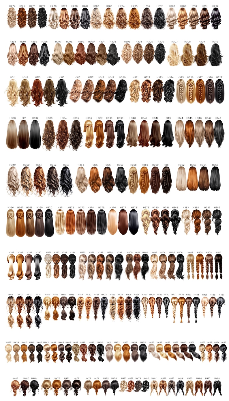 May include: A collection of various hair styles and colors, including braids, ponytails, and loose waves. The image displays a wide range of shades, from blonde to black, with each style labeled with a unique code. The hairstyles are arranged in rows and columns.