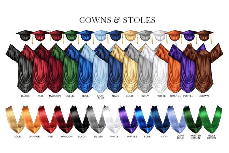 May include: Illustration of graduation gowns and stoles in various colors, including black, red, green, and blue. The image also features matching mortarboards. The text "GOWNS & STOLES" is at the top, with color names below.