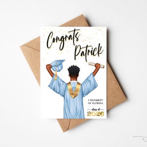 May include: A graduation card with the text "Congrats Patrick" in black script. The illustration shows a graduate in a light blue gown and cap, holding a diploma. The card also includes "University of Florida" and "class of 2026".