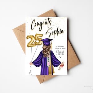 May include: A graduation card with the text "Congrats Sophia" and "Class of 2025." The illustration features a graduate in a purple gown and cap holding gold number 25 balloons and a diploma. The card is on a brown envelope.