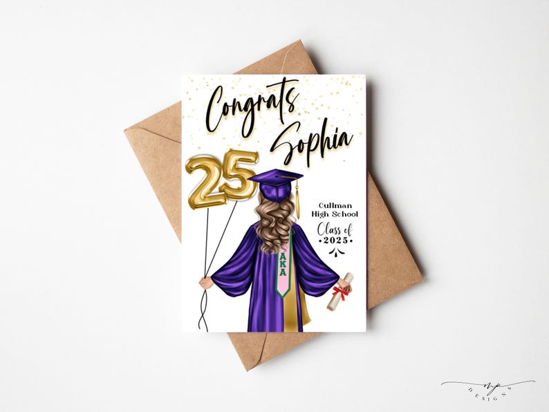 May include: A graduation card with the text "Congrats Sophia" and "Class of 2025." The illustration features a graduate in a purple gown and cap holding gold number 25 balloons and a diploma. The card is on a brown envelope.