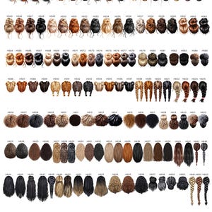 May include: A collection of illustrated hairstyles in various colors and styles, including braids, buns, and flowing locks. Each style is labeled with a unique code, offering a diverse range of options for customization and design.