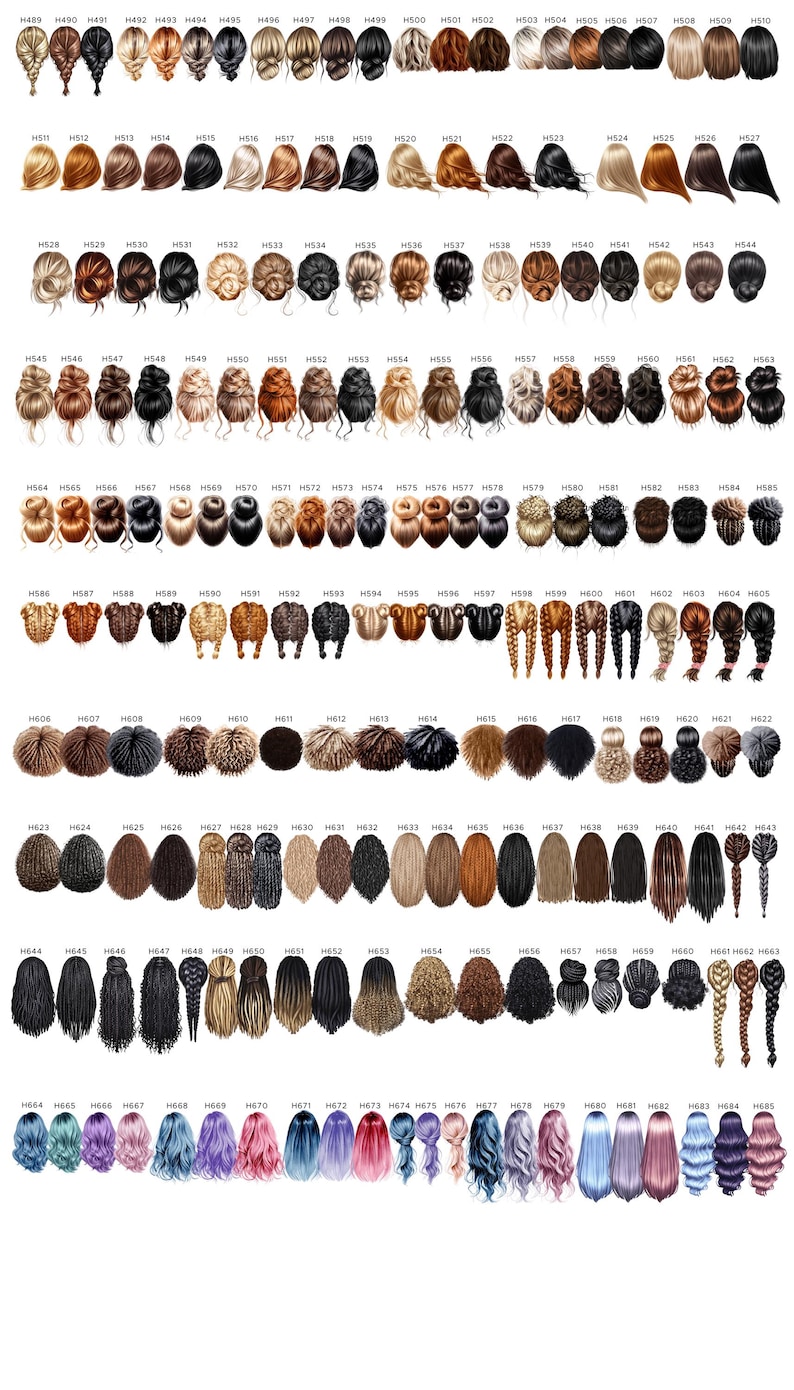 May include: A collection of illustrated hairstyles in various colors and styles, including braids, buns, and flowing locks. Each style is labeled with a unique code, offering a diverse range of options for customization and design.