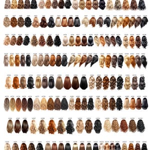 May include: A grid of various hairstyles, each with a unique color and style. The collection includes straight, wavy, and curly hair in shades of blonde, brown, black, and red. Each hairstyle is labeled with a number.