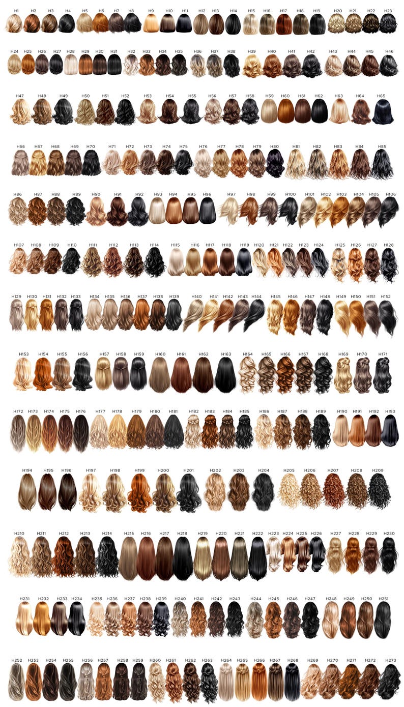 May include: A grid of various hairstyles, each with a unique color and style. The collection includes straight, wavy, and curly hair in shades of blonde, brown, black, and red. Each hairstyle is labeled with a number.
