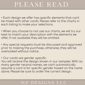 May include: A beige card with the text "PLEASE READ" at the top. The card contains bullet points explaining design specifics, requests, and gender-specific card designs. The bottom of the card reads "MP DESIGNS LLC".
