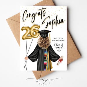 May include: A graduation card with the text "Congrats Sophia" in elegant script. The illustration features a graduate holding gold number 26 balloons and a diploma. The card also includes "Cullman High School Class of 2026."