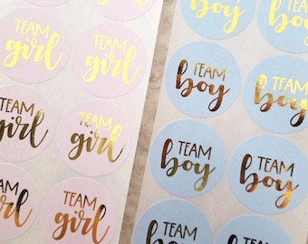 Stickers for gender reveal with real gold foil, gold foil baby shower stickers, baby gender reveal decoration, team boy, team girl - B2